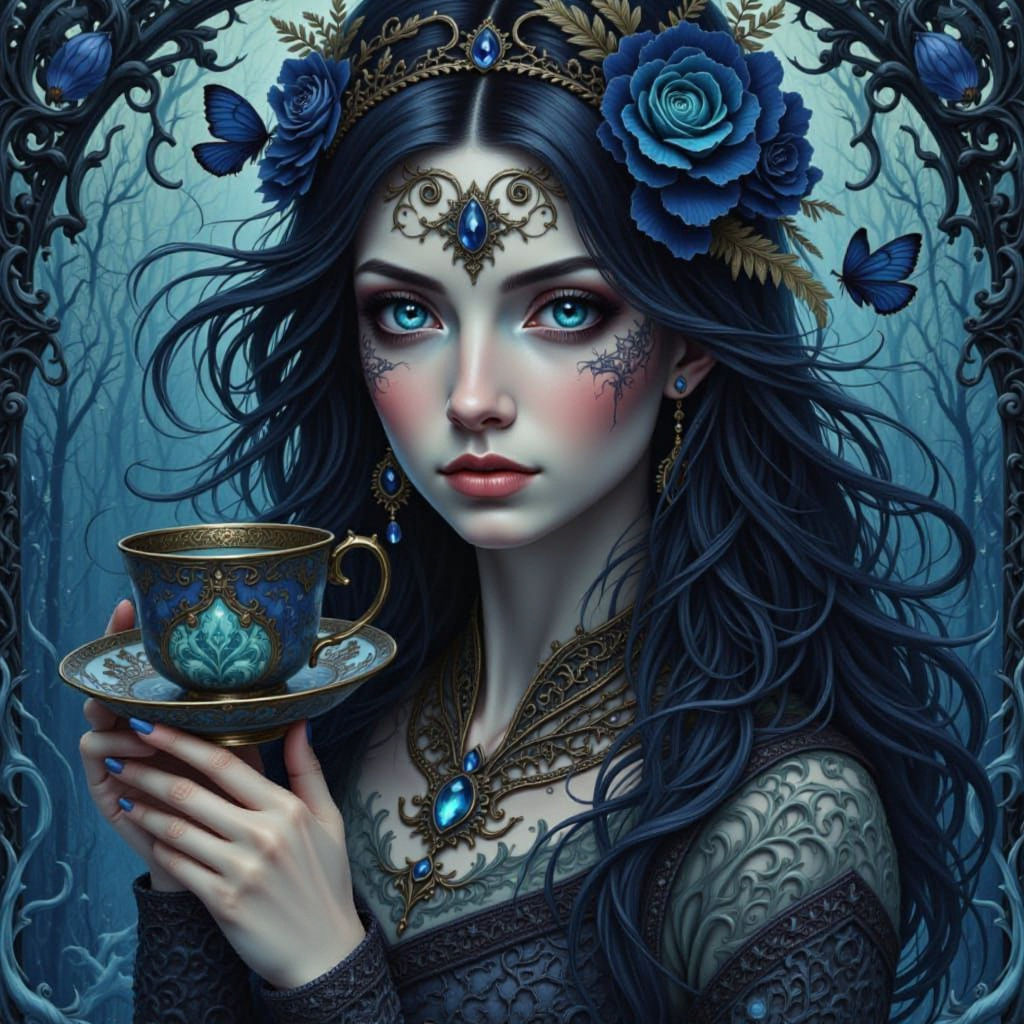 Witchlight Indigo Teacup Portrait with Beautiful Eyes