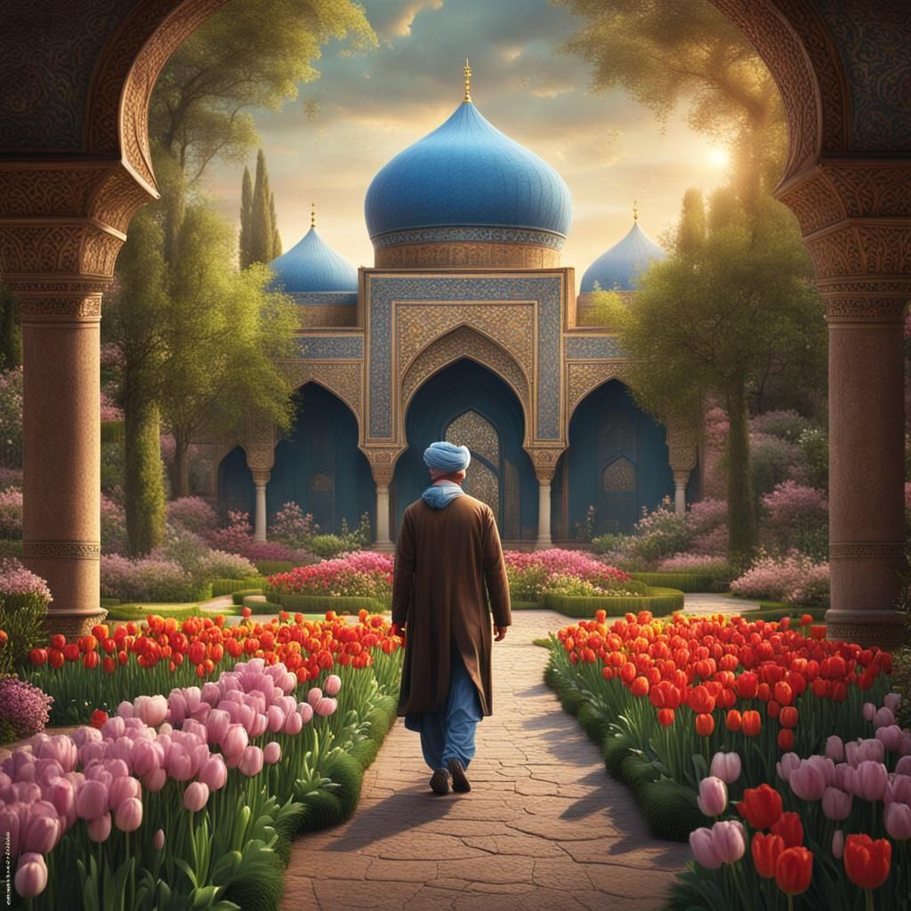 Persian Garden with Strolling Man: Digital Matte Painting