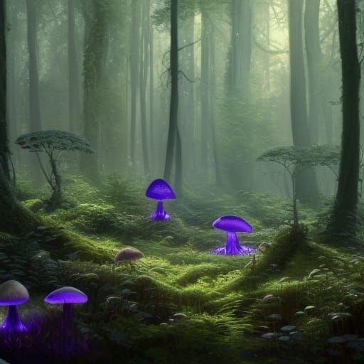 Glowing Mushrooms in Fantasy Forest, Hyperdetailed Art
