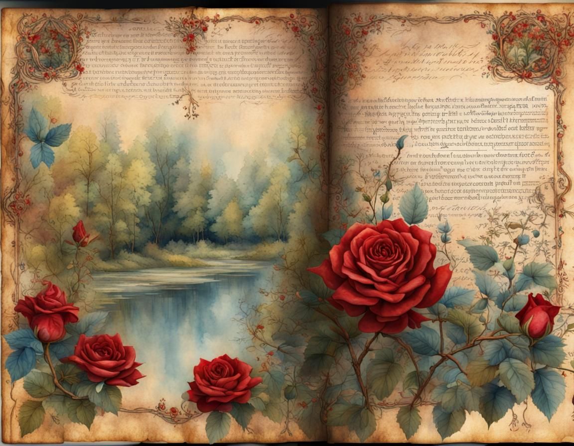 Vintage Journal Page with Roses and River