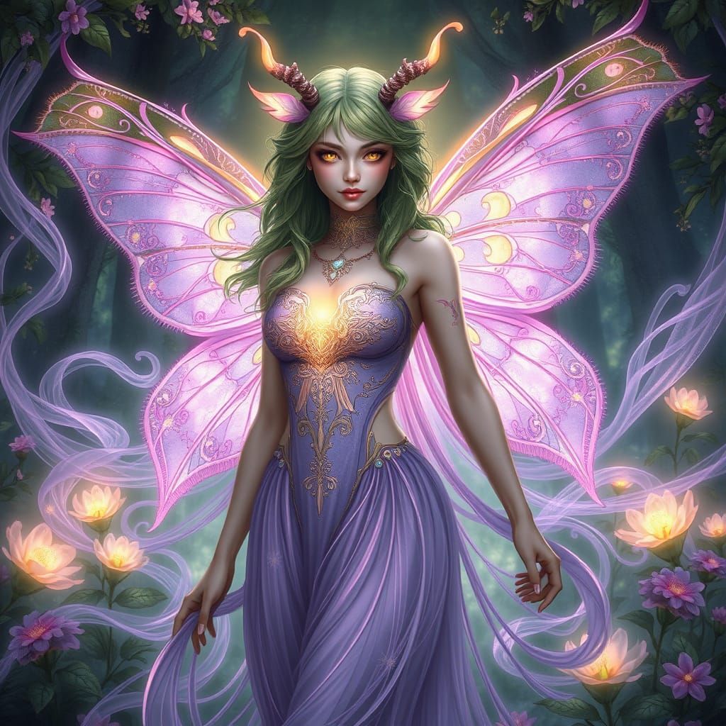 Moth Goddess Hybrid with Luminous Wings in Forest