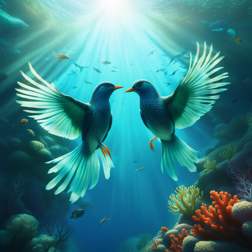 Underwater Birds in Coral Reef, Miyazaki Style