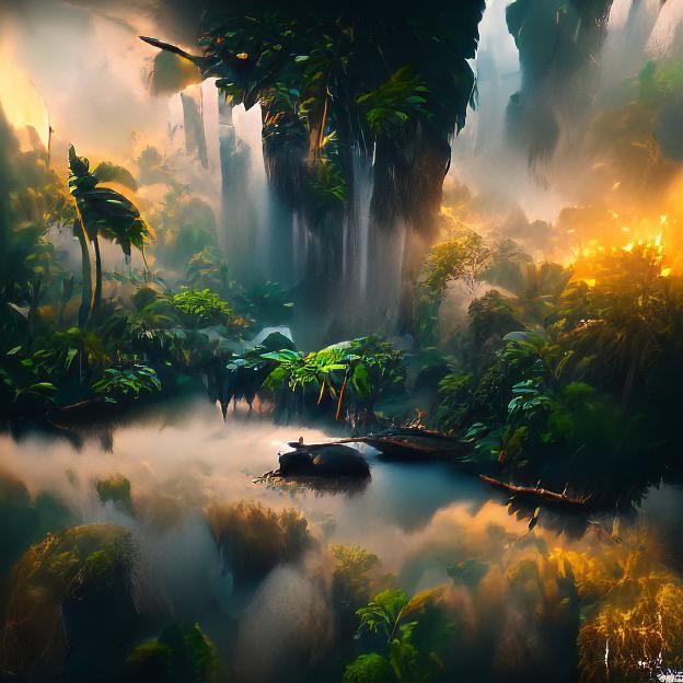 Lush Jungle Scene in Matte Painting Style