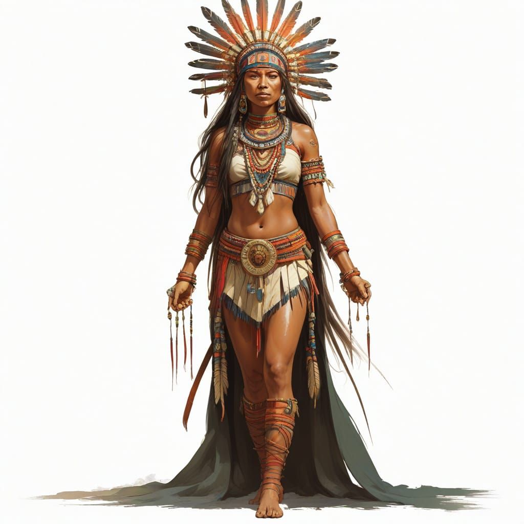 Amazonian Maiden in Traditional Dress, Detailed Illustration