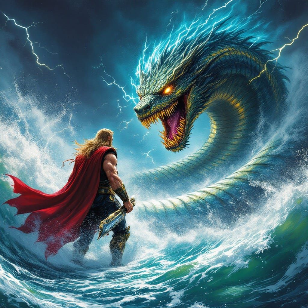 Thor Battles Jörmungandr in Epic Ragnarok Scene