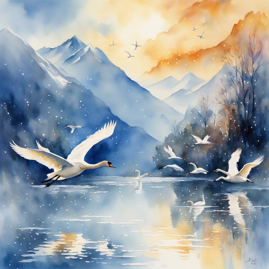 Swans Fly Over Lake Lucerne: Impressionist Watercolour