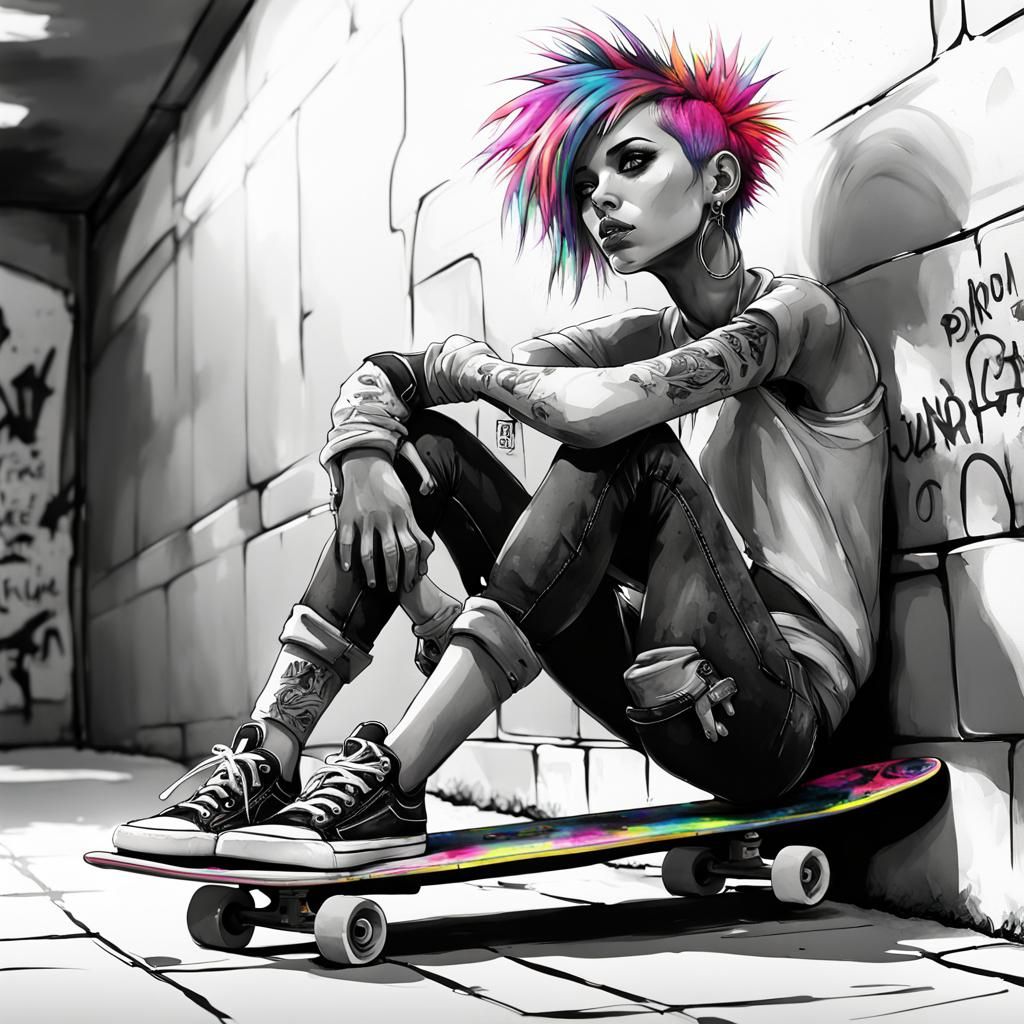 Punk Girl Watercolor with Neon Graffiti