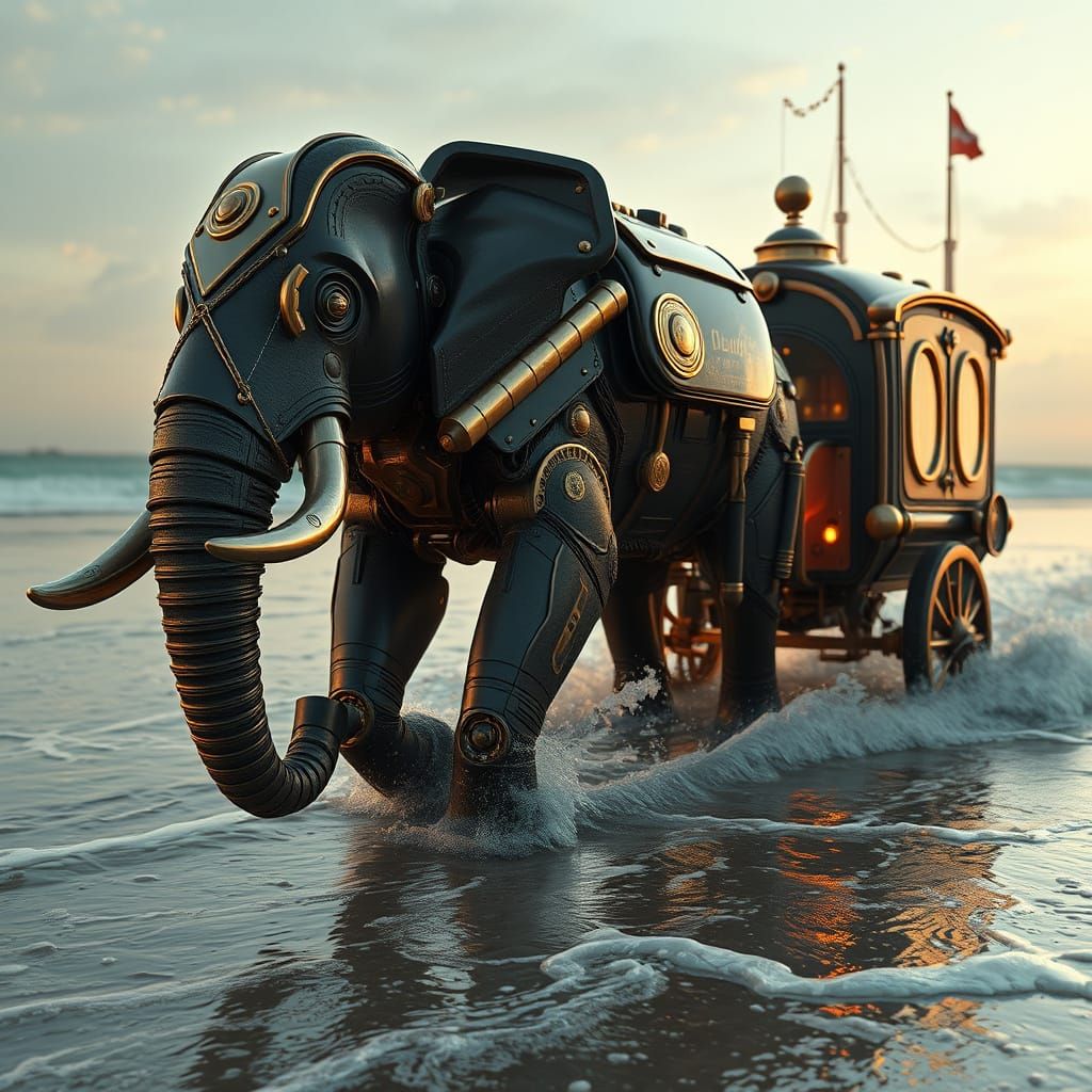 Mechanical Elephant Pulling Circus Caravan in Retro-Futurist...