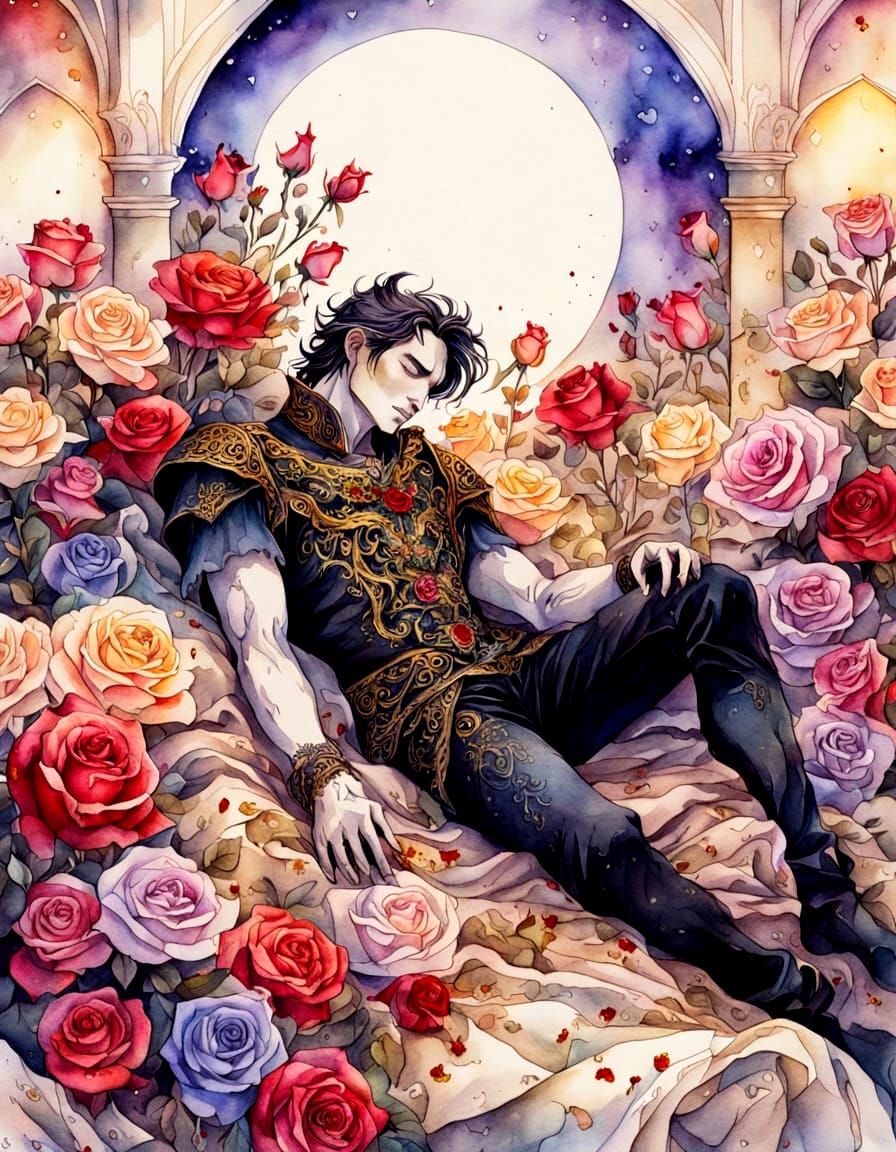 Sleeping Demon Prince in Moonlight: Gothic Watercolor Painti...