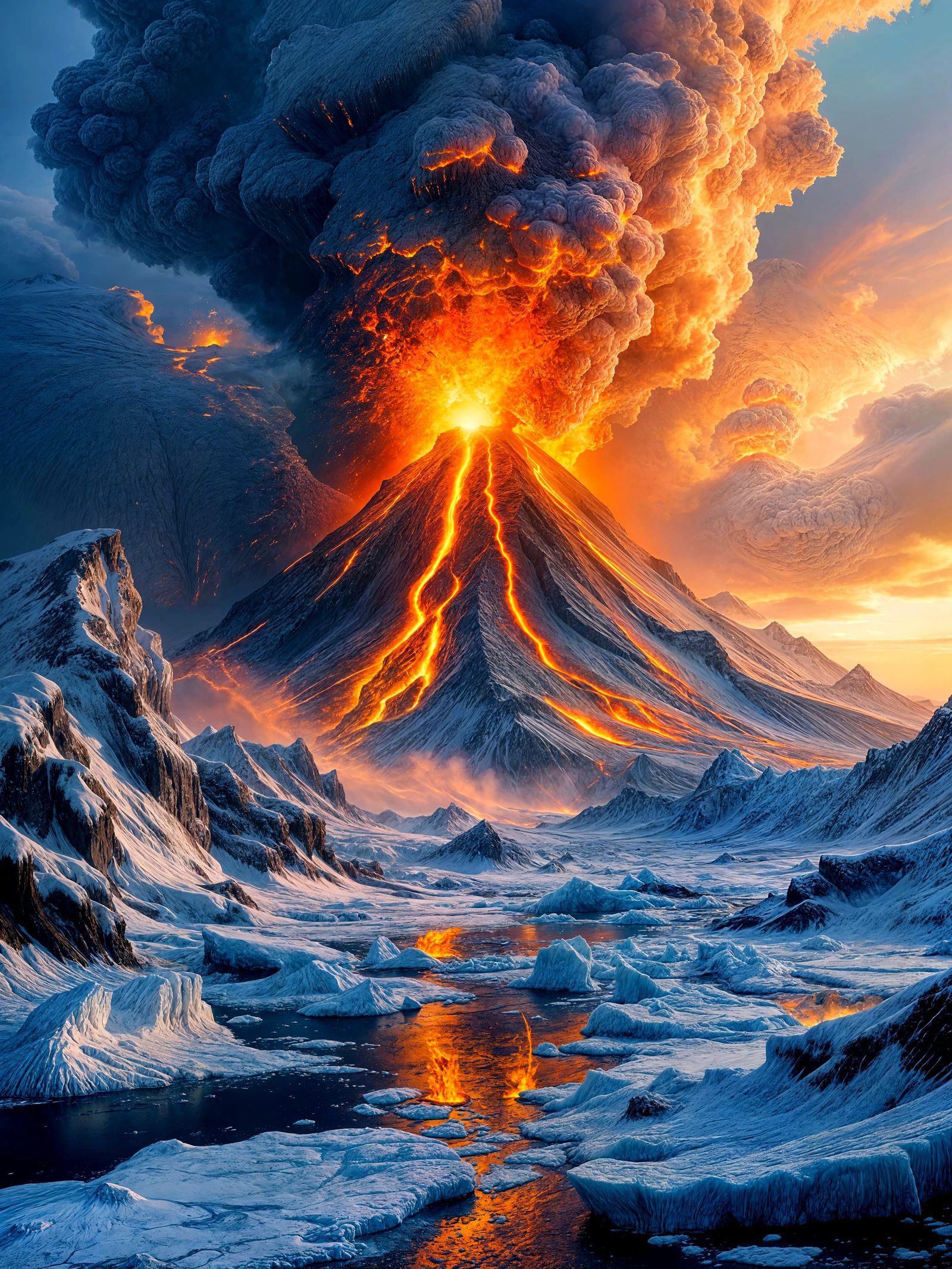 Majestic Volcano Eruption Over Icy Landscape