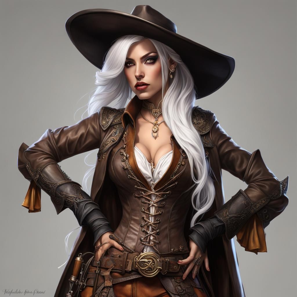 Hyperrealistic Elven Dhampir Bard with Cowboy Style