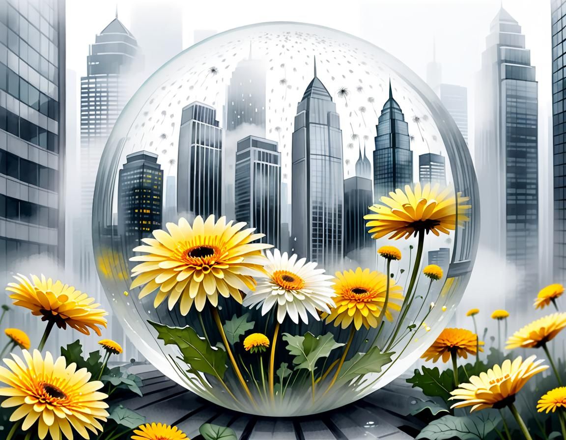 Glass Sphere with Flowers in Dreary London: Watercolour