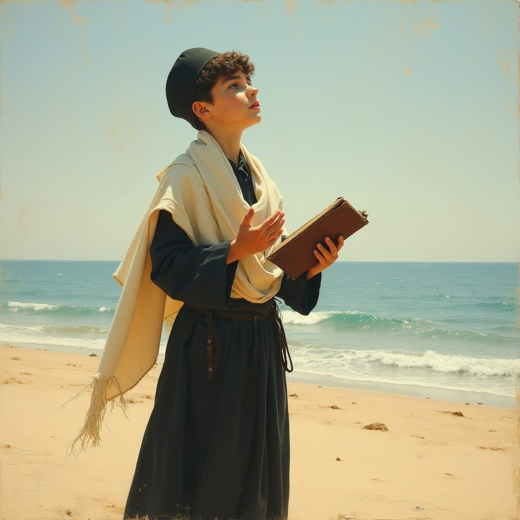 Devout Boy Praying on Empty Beach, Art Style