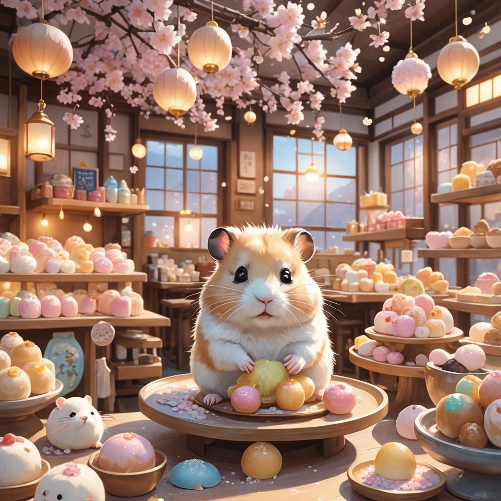 Adorable Hamster in Kawaii Mochi Fantasy Shop