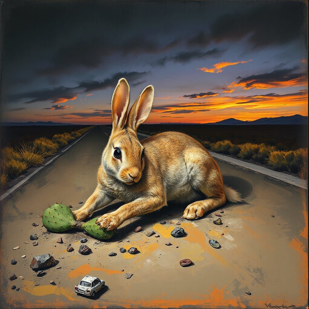 Surreal Rabbit-Cactus Creature on Road in Expressive Style