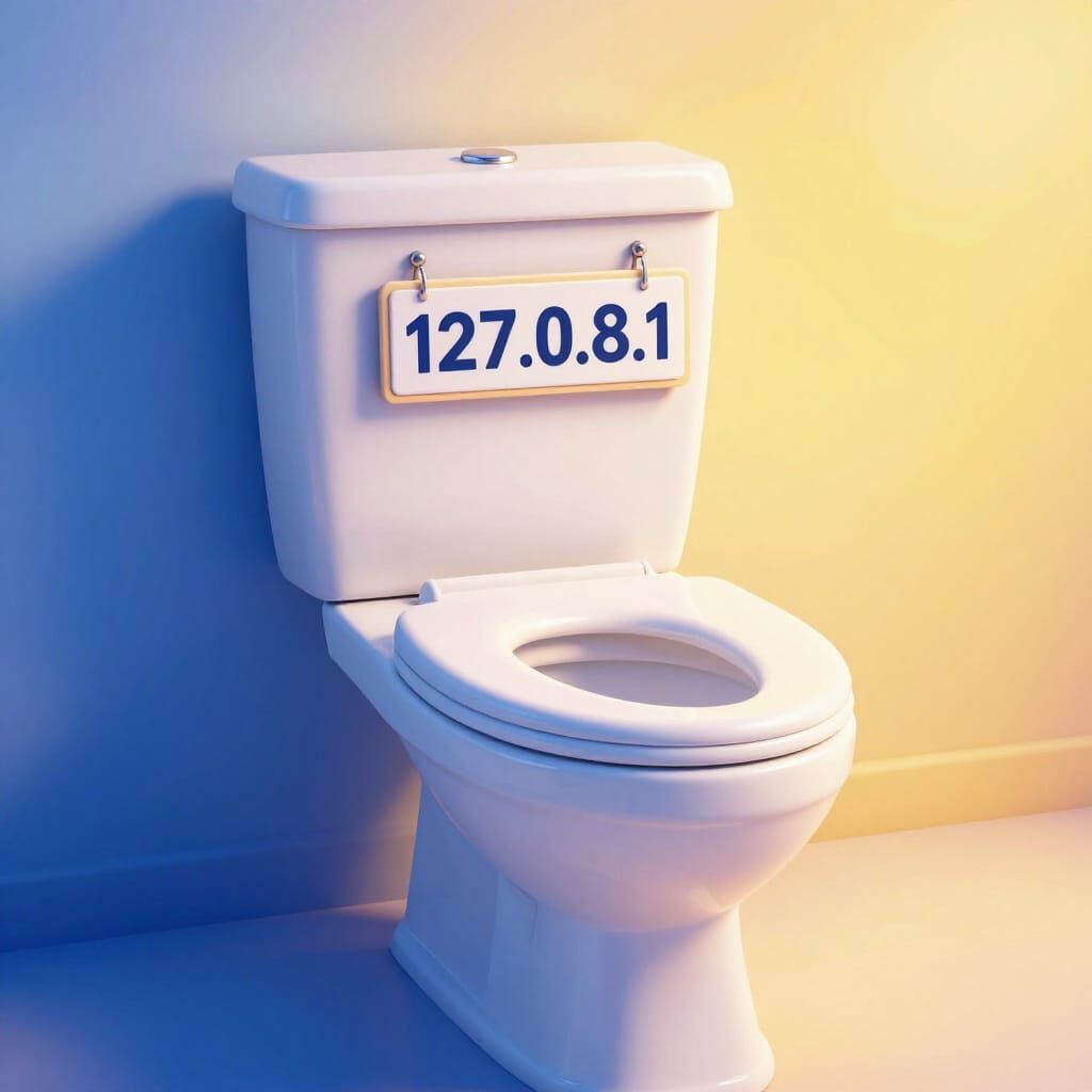 Playful Toilet Art with "127.0.0.1" Sign in Pixar Style