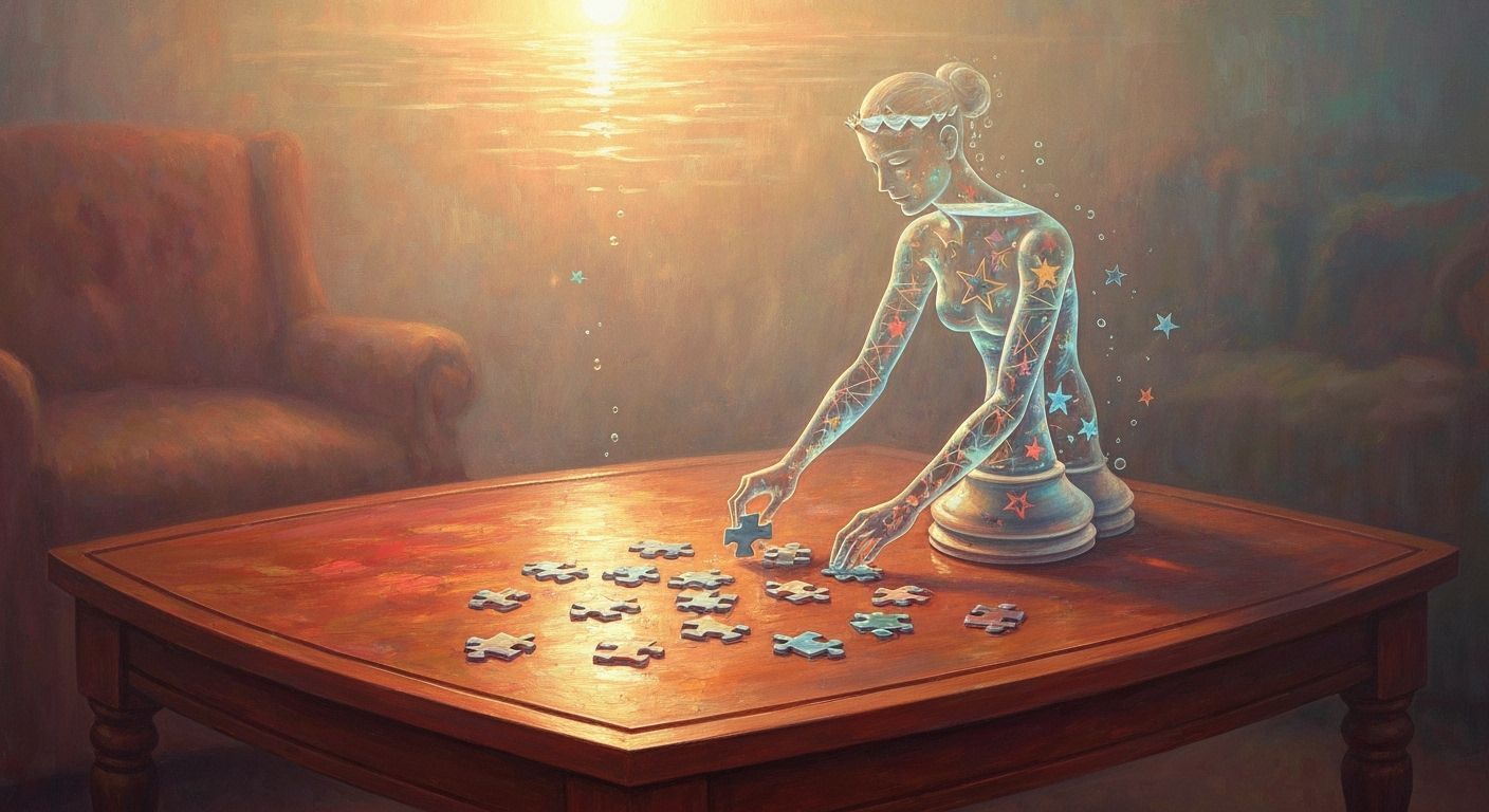 Water-Filled Chess Queen Collecting Puzzle Pieces