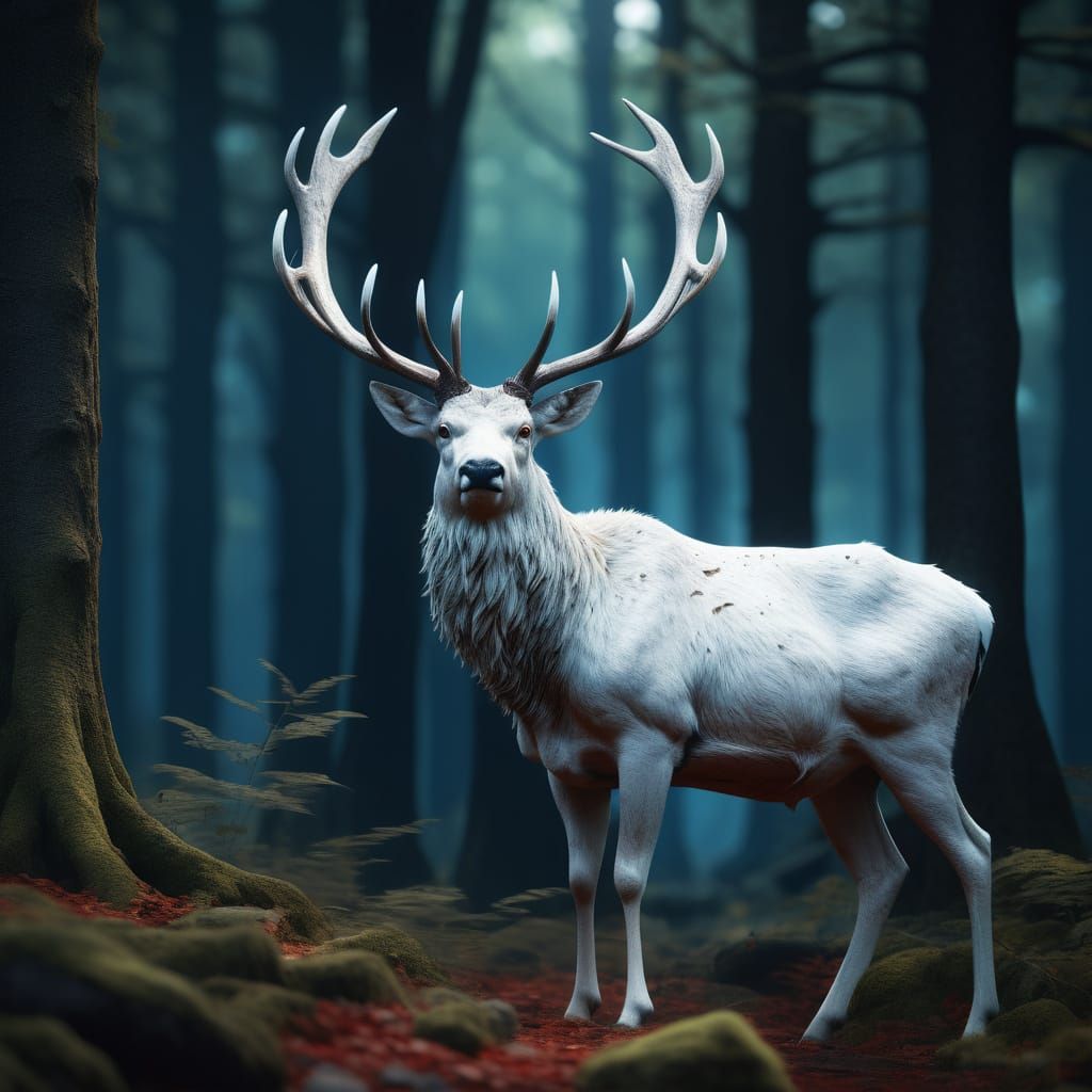 Majestic White Red Deer in Enchanted Forest