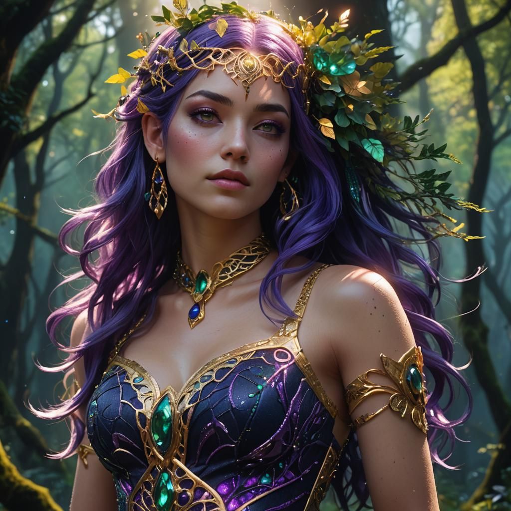 Girl with Purple Hair in Mystical Forest