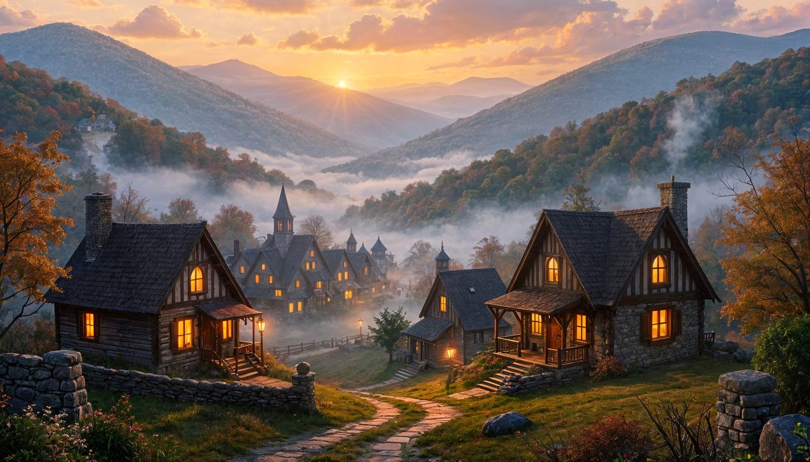 Dreamlike Appalachian Village in Autumn Morning Light