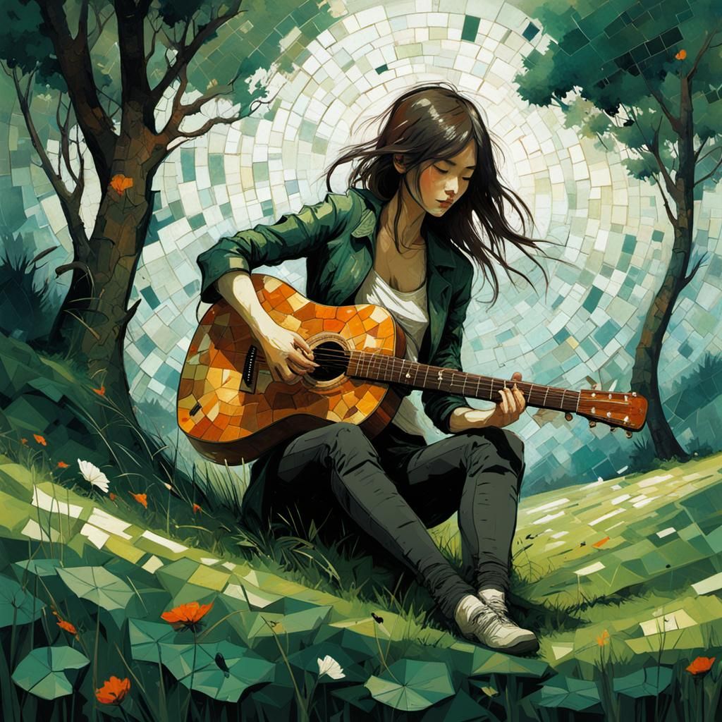 Mosaic Girl Playing Guitar on Green Grass