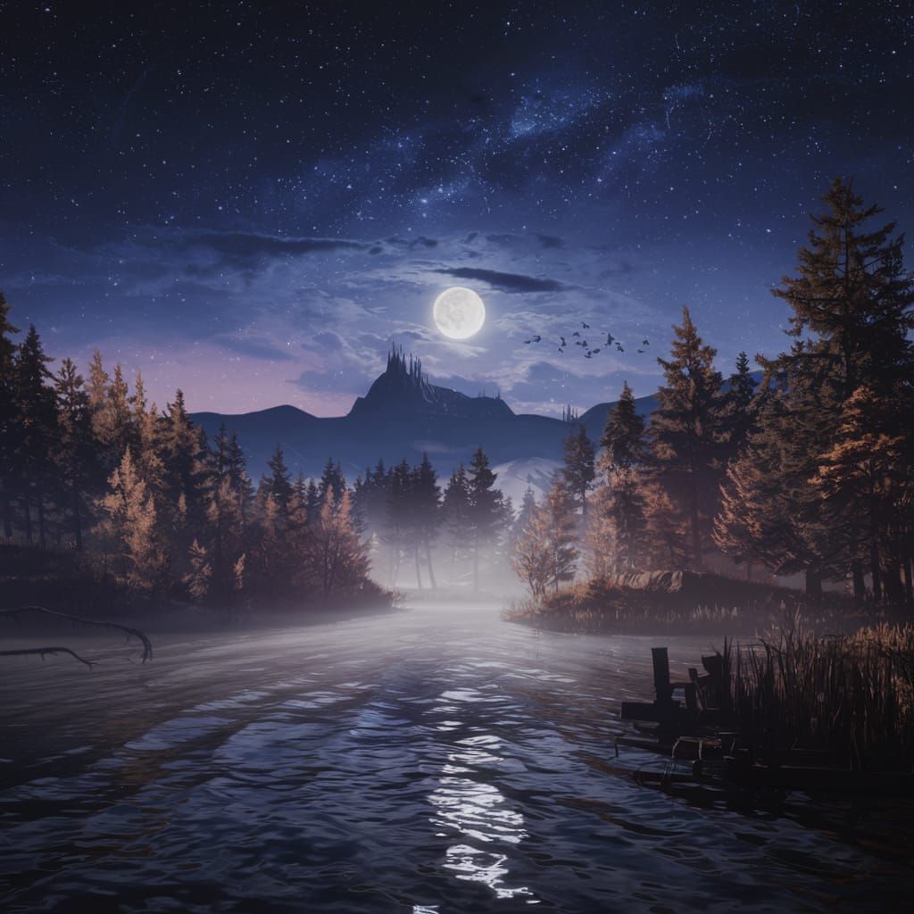 Starry Night Over Lake with Full Moon, Fantasy Art
