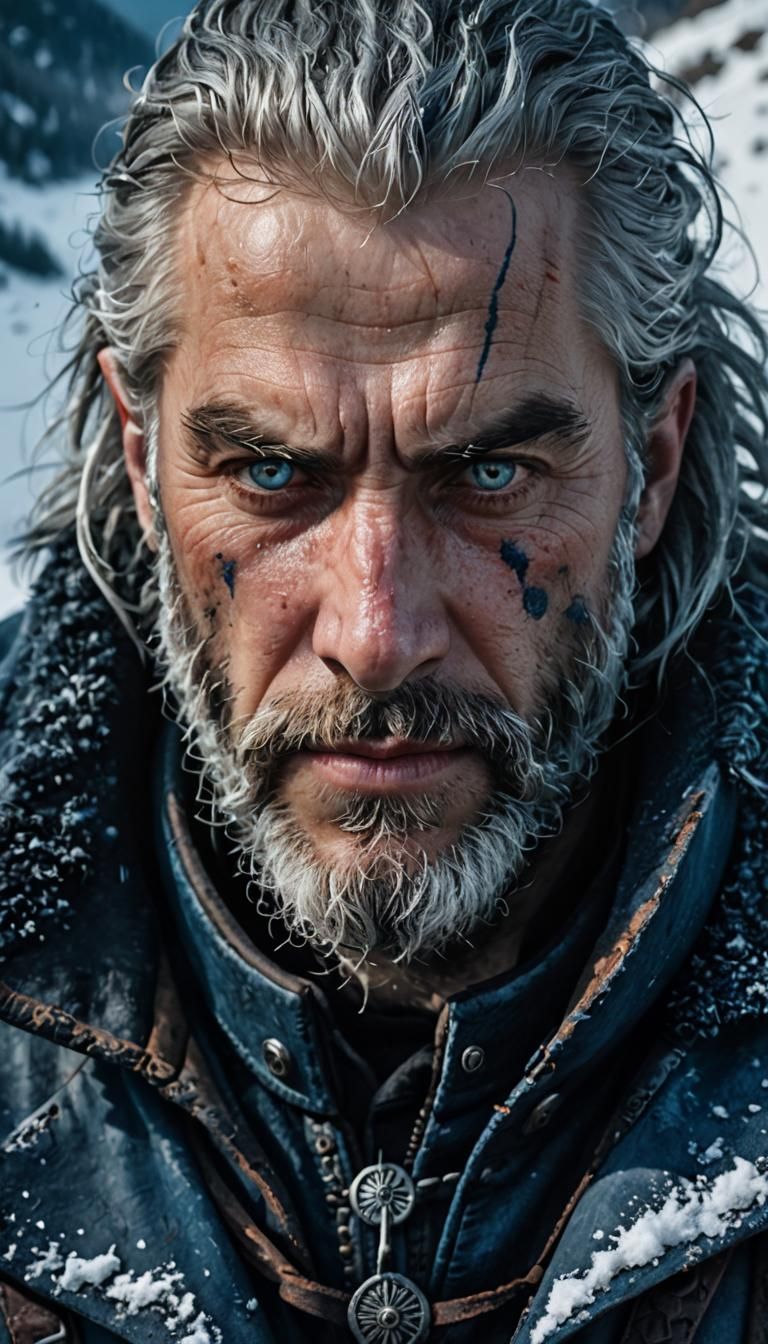 Hyperrealistic Witcher Portrait in Snowy Mountains
