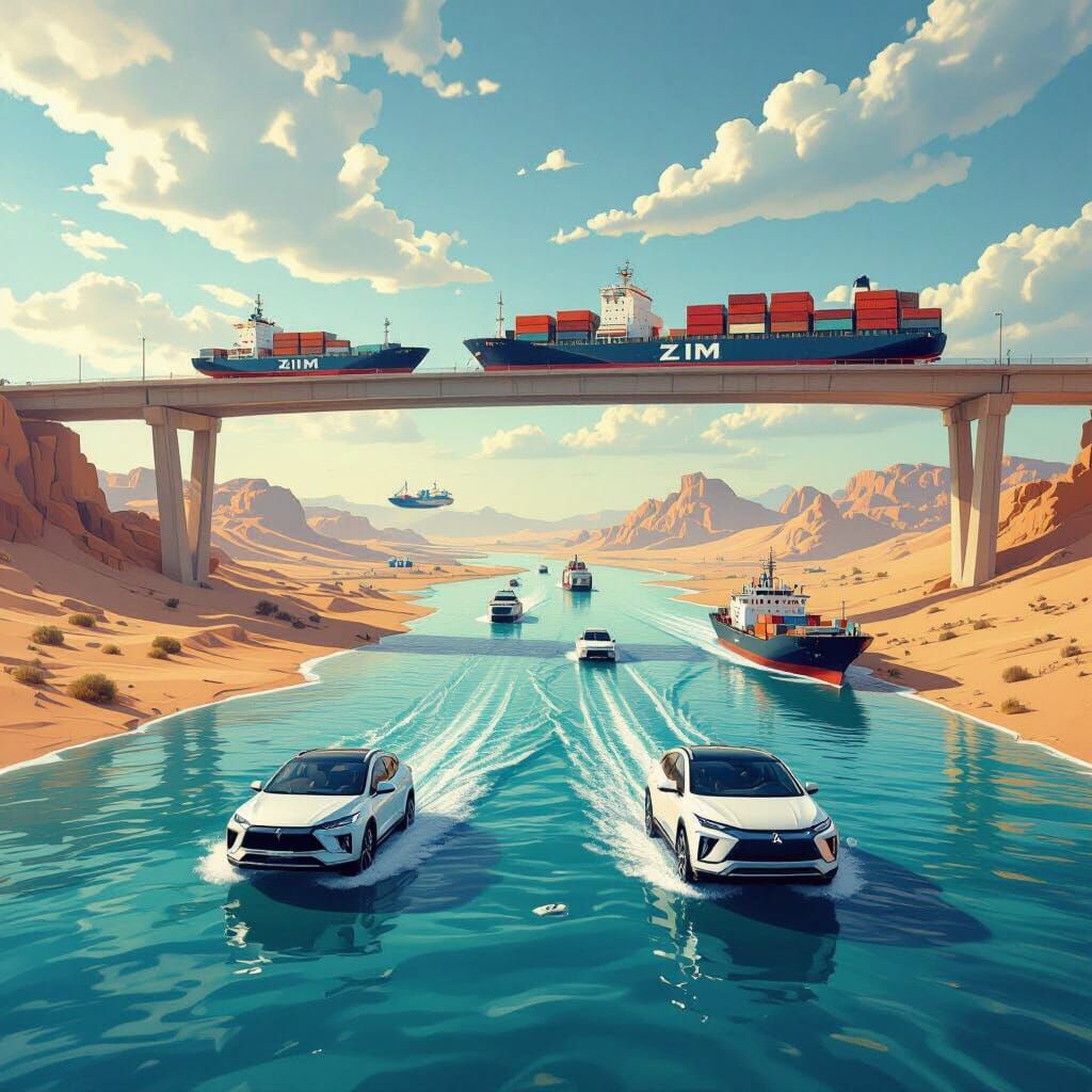 Surreal Sinai River: Ships on Bridge, Cars on Water