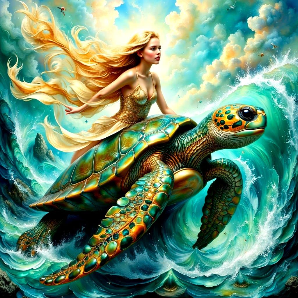 Aquatic Goddess Rides a Turtle in Epic Fantasy Painting