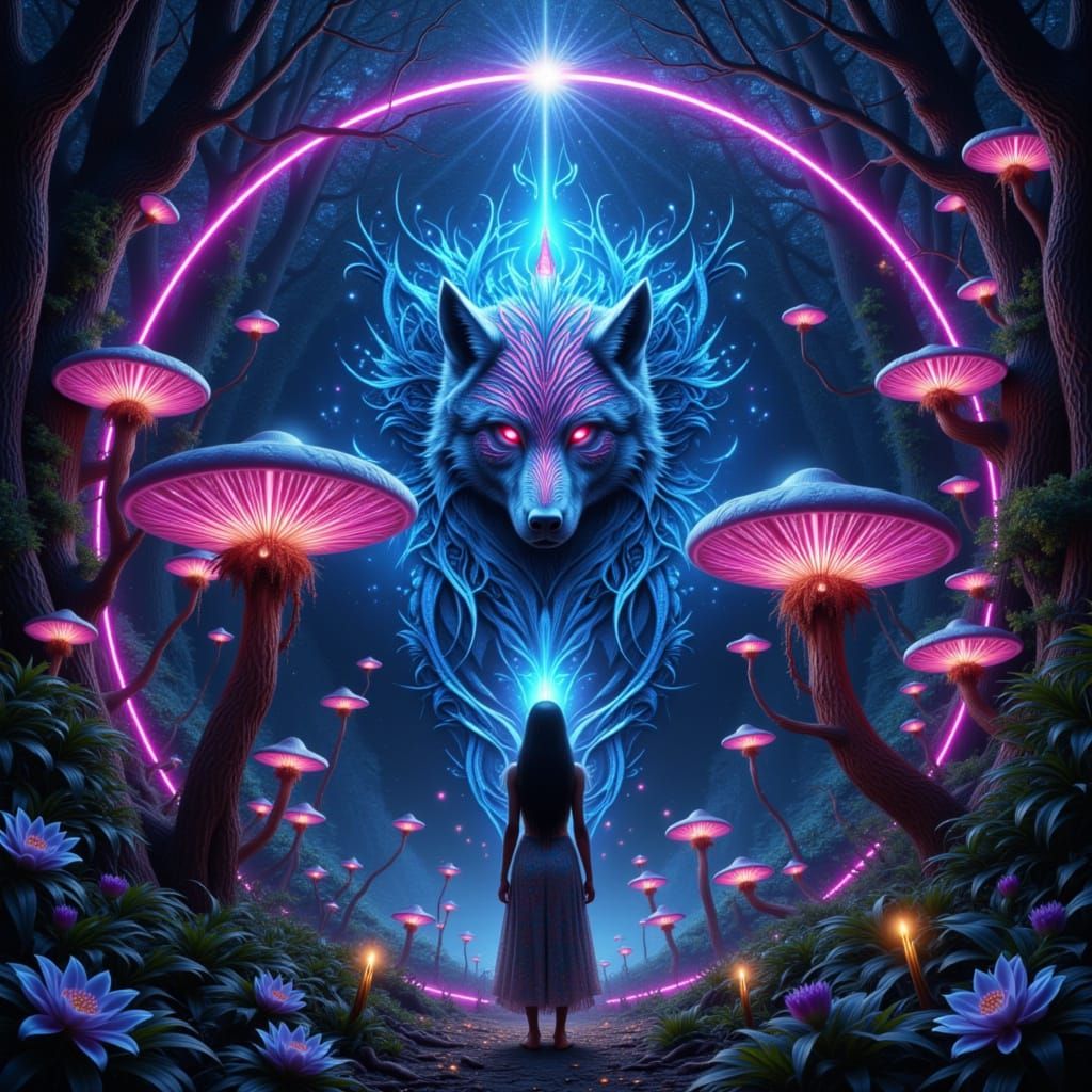 Surreal Tribal Goddess Surrounded by Bioluminescent Forest a...