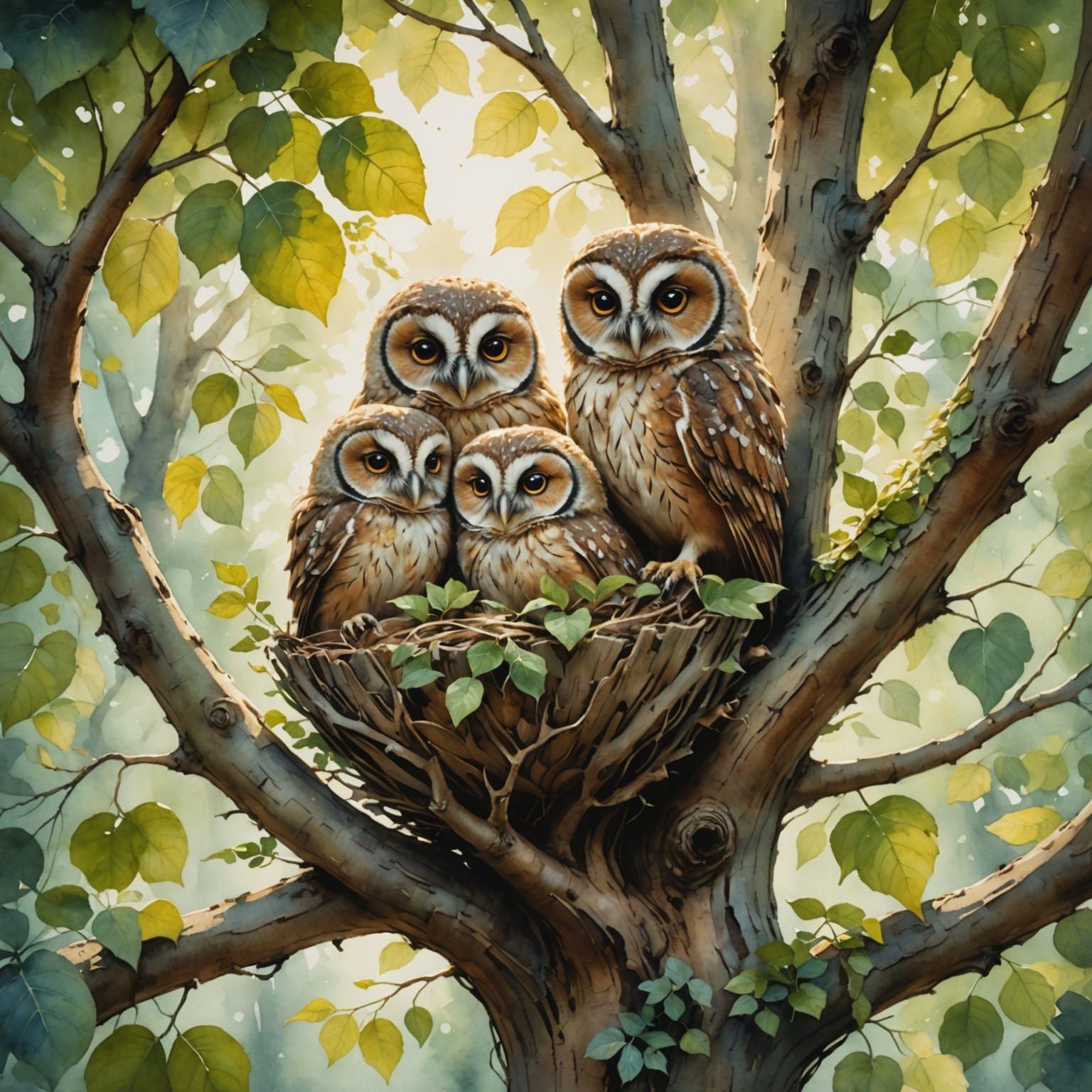Gentle Treant Cradles Owlets: Watercolor Masterpiece