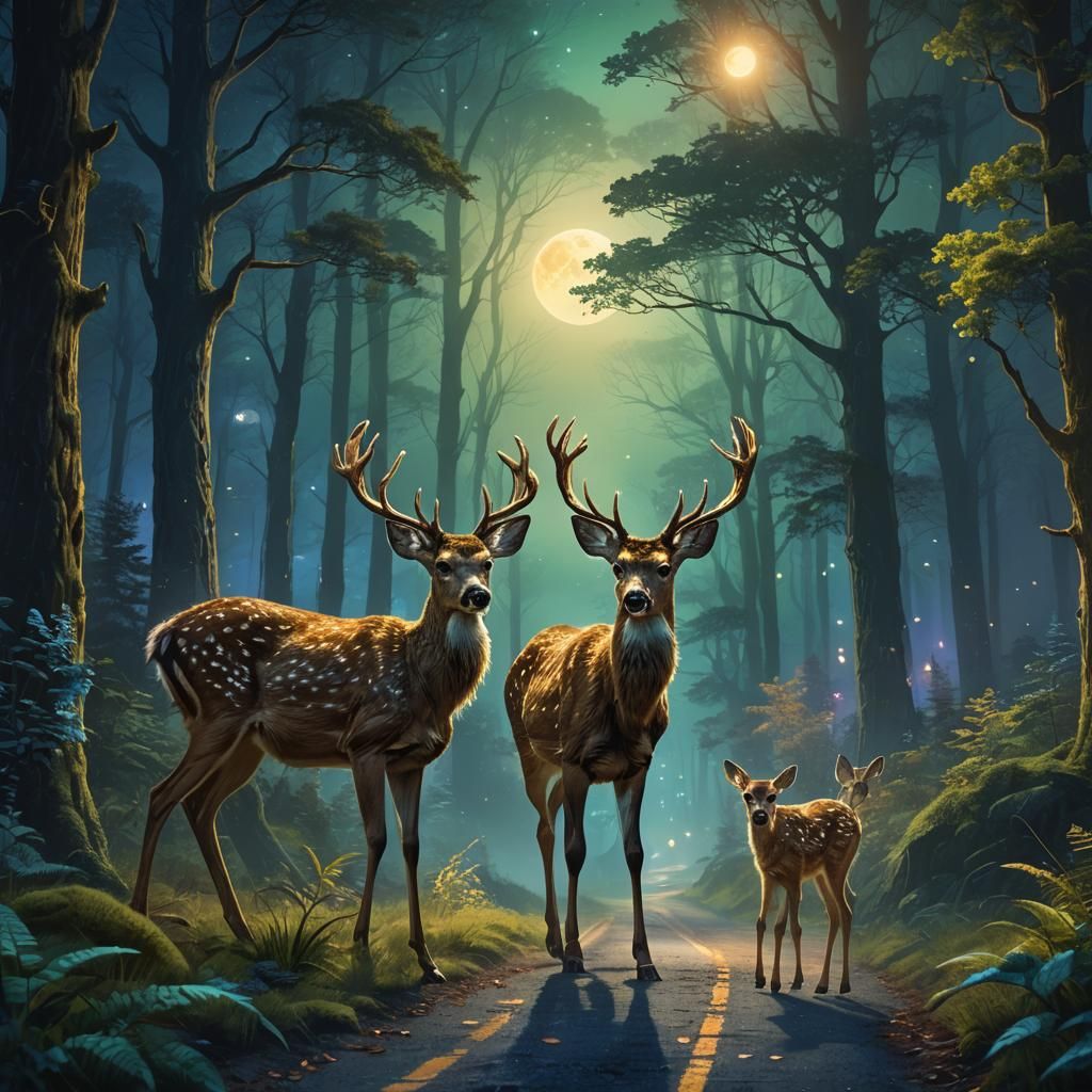Deer and Fawn Under Night Sky: Fantasy Art