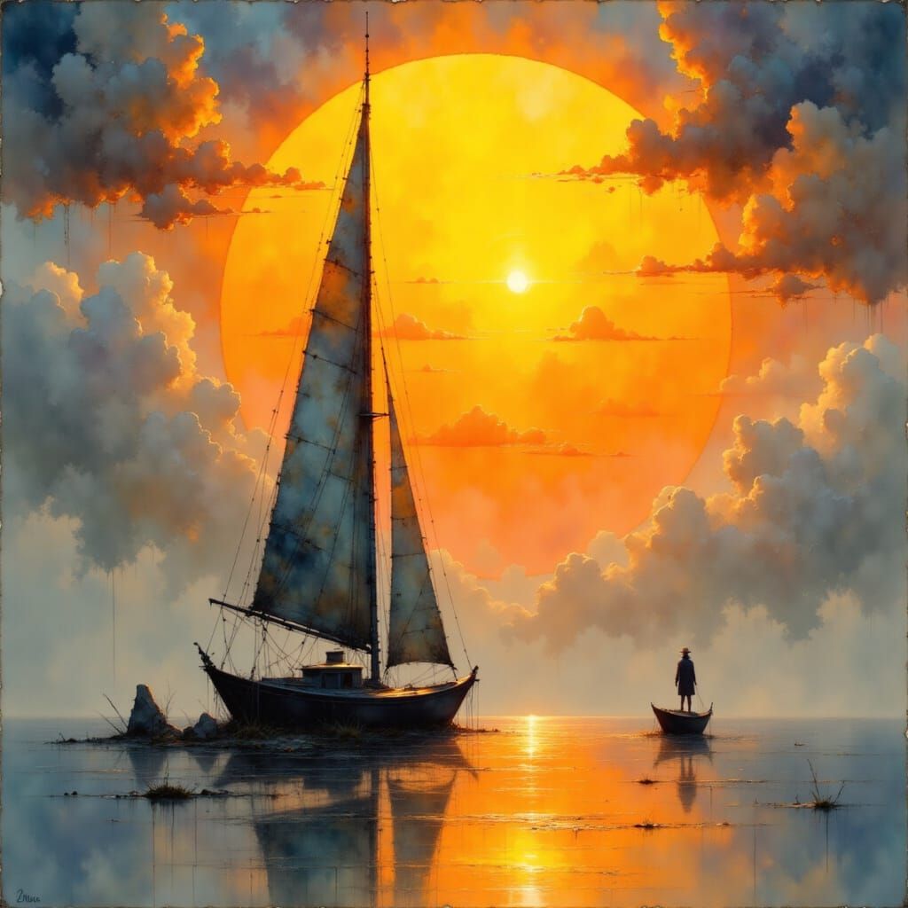 Modernist Yacht Sails into a Vibrant Orange Sunset