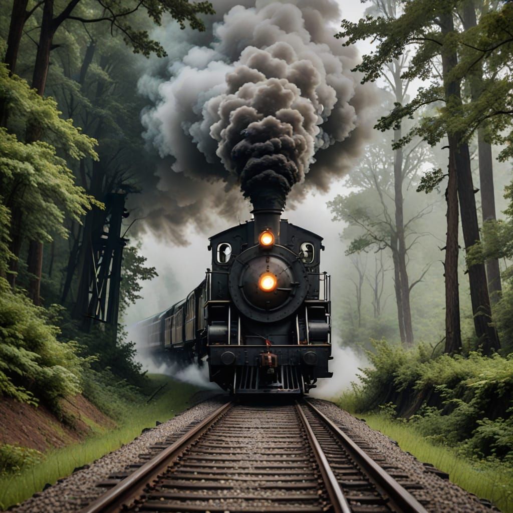 Vintage Steam Train on Foggy Forest Bridge