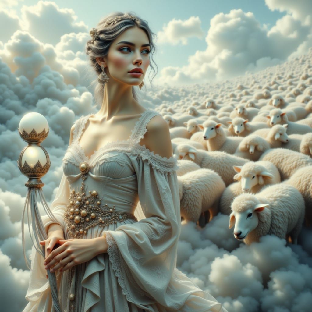 Woman Herding Cloud Sheep on Sky Bridge