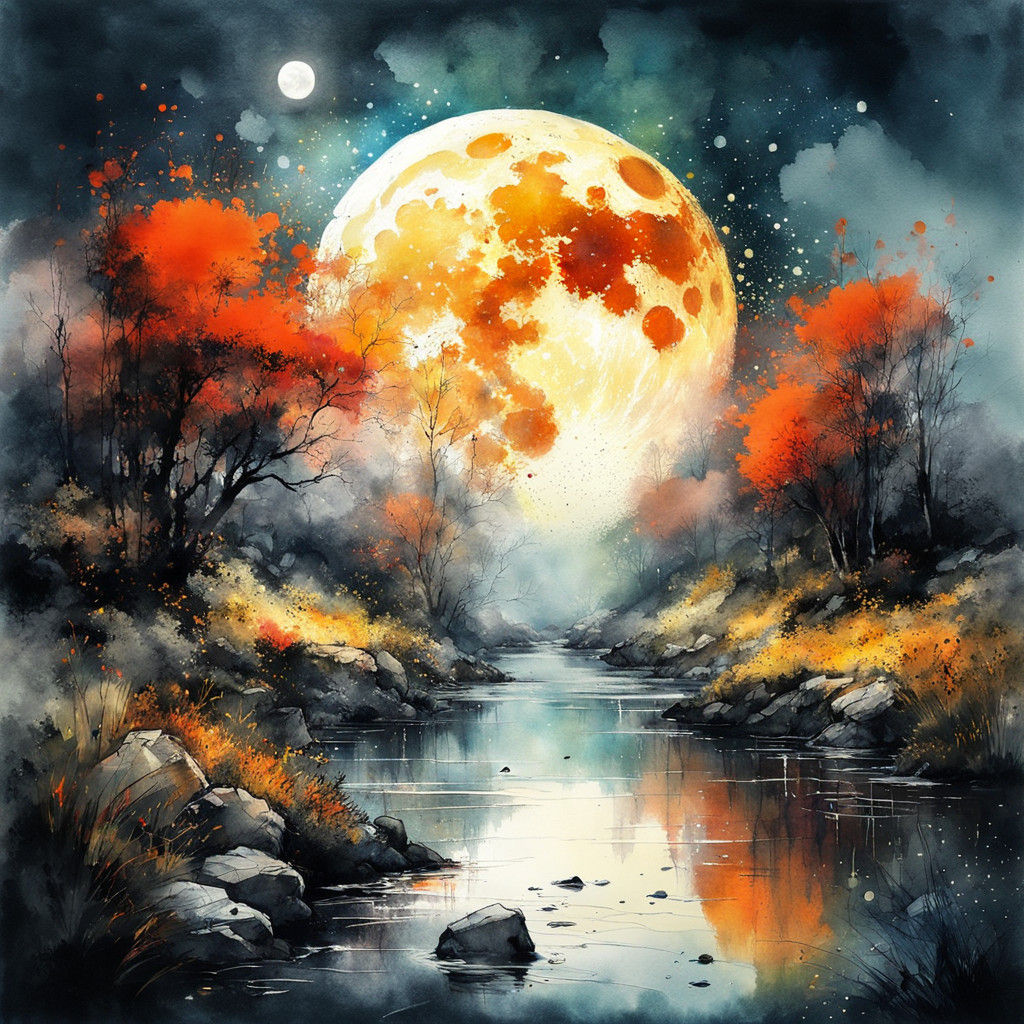 Lush Summer Watercolor Landscape in Vibrant Ink Splatter Sty...