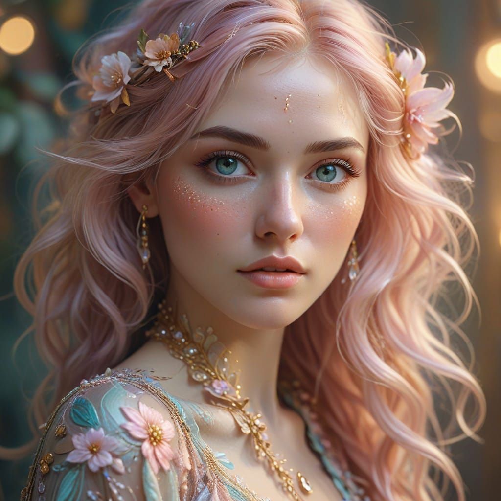 Delicate Woman Portrait with Pastel Hair and Floral Attire