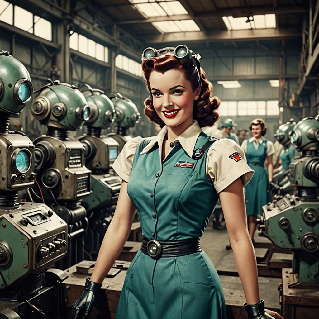 Retro Sci-Fi Pin-Up Robots in Factory