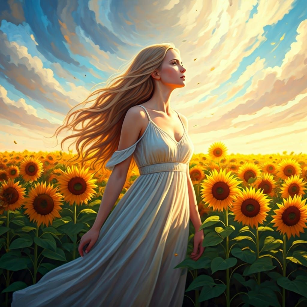 Woman in Sunflower Field: Hyperrealistic Impressionist Paint...