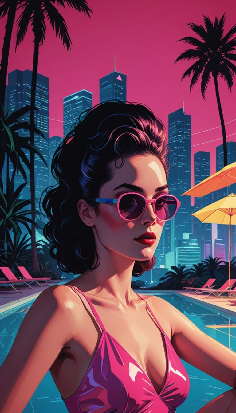 Surreal Futuristic Goddess Sips Tropical Drink by Retro Pool
