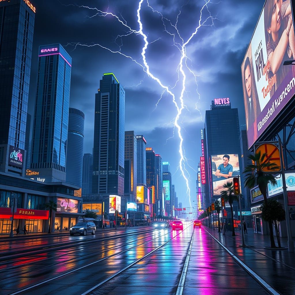 Gritty Futuristic Cityscape Illuminated by Lightning