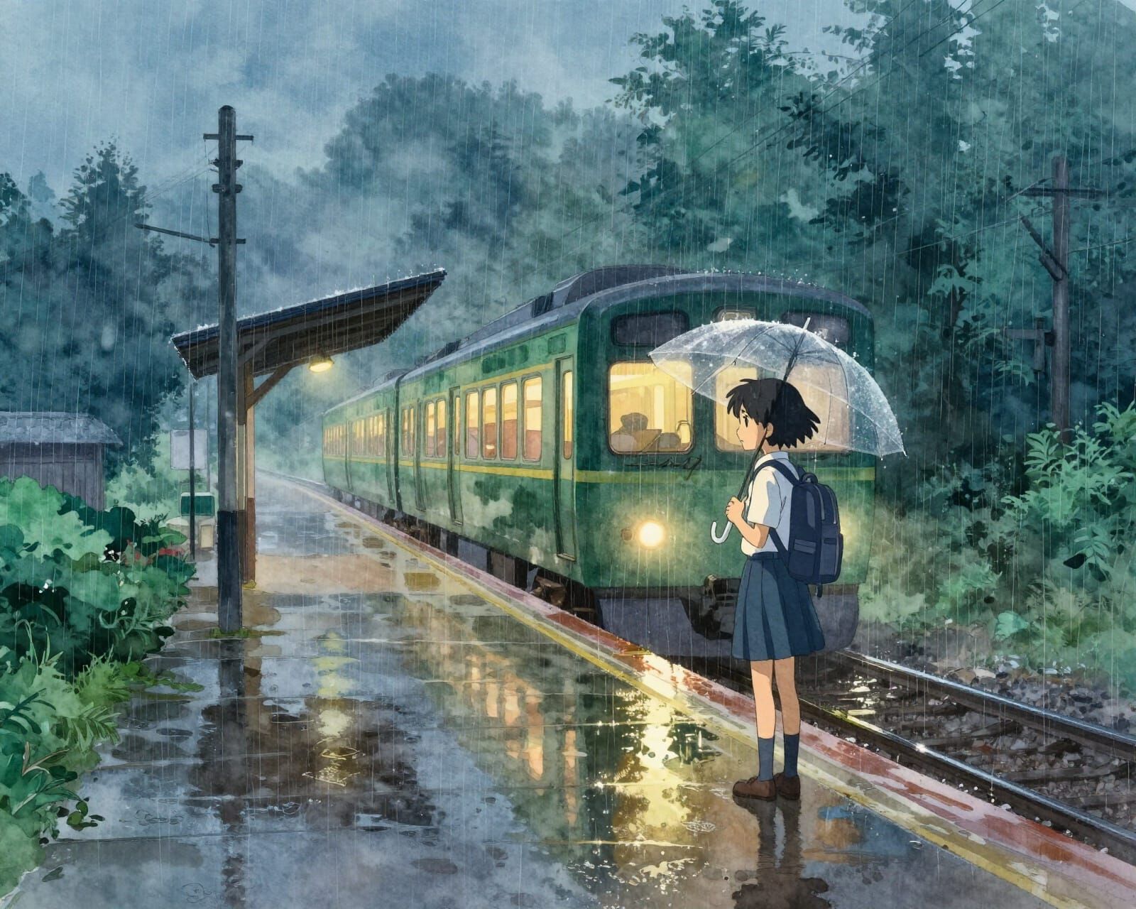 Anime Watercolor: Schoolgirl at Rainy Train Station