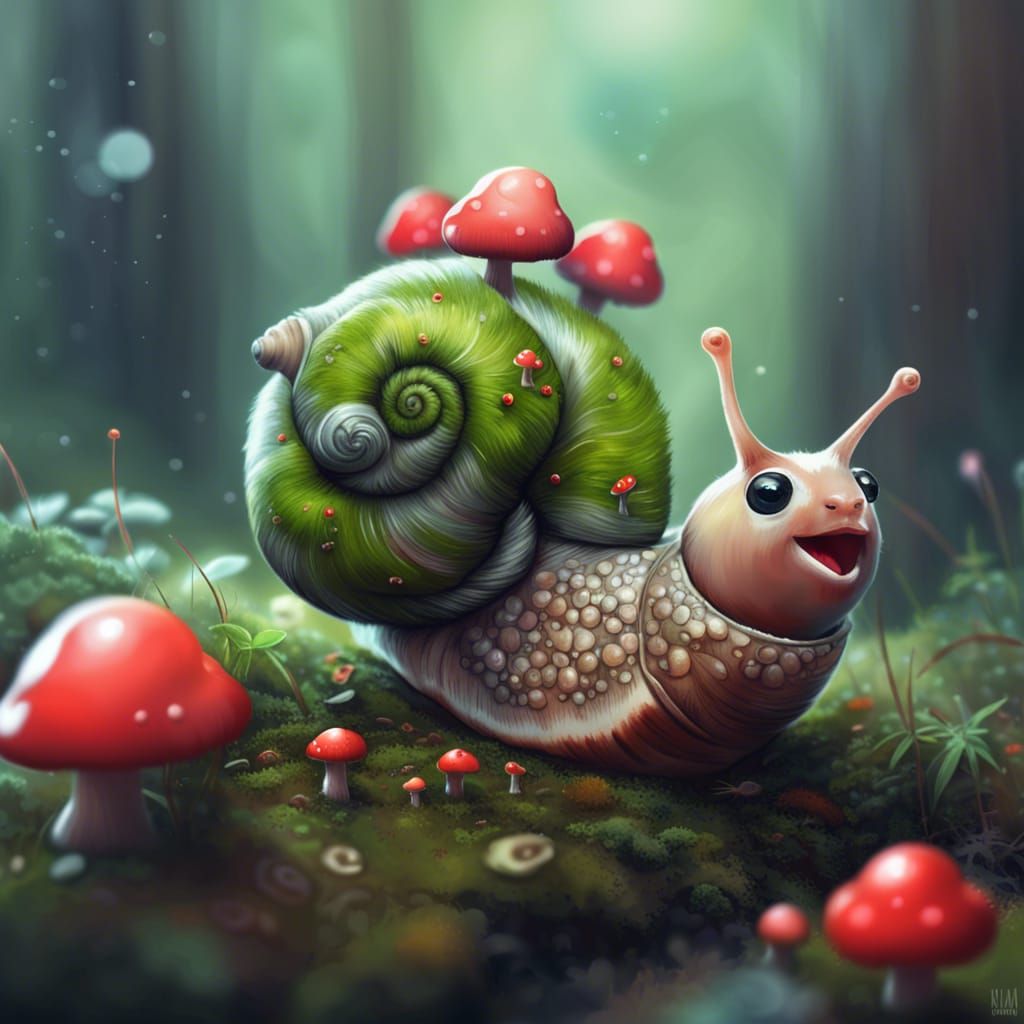 Kawaii Snail with Moss and Mushrooms, Digital Art
