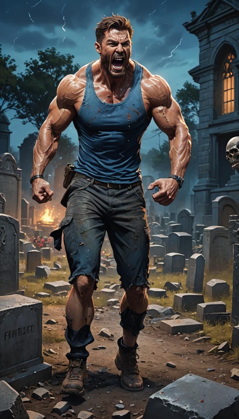 Muscular Man Shouting in Graveyard at Night