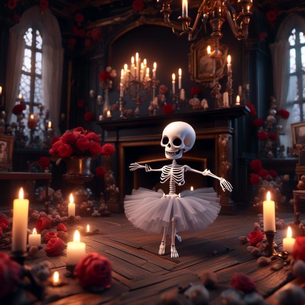 Chibified Skeleton Dancing in Gothic Room