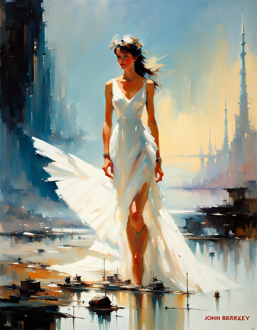 Ethereal Woman in White Dress, Dreamlike Landscape