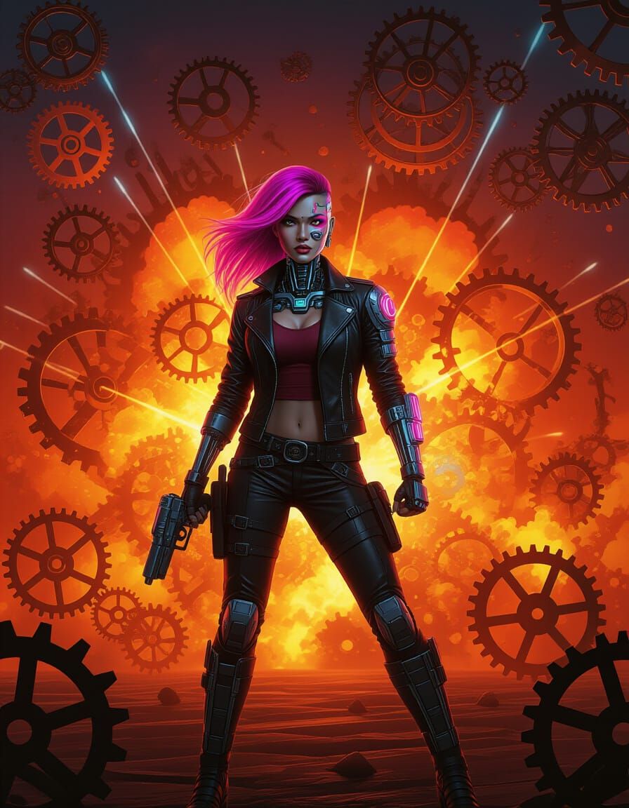 Hmong Cyborg Amidst Steampunk Explosion in Fiery Hues