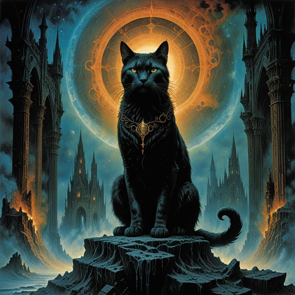 Celestial Cat Sorceress Weaving Spells in Cosmic Horror Styl...