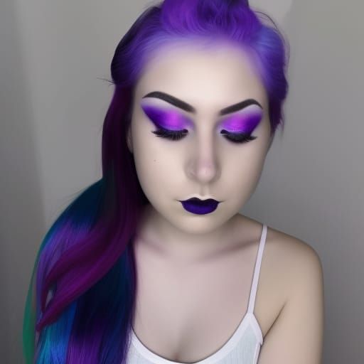 Ethereal young lady with purple Galaxy hair with blue highli...
