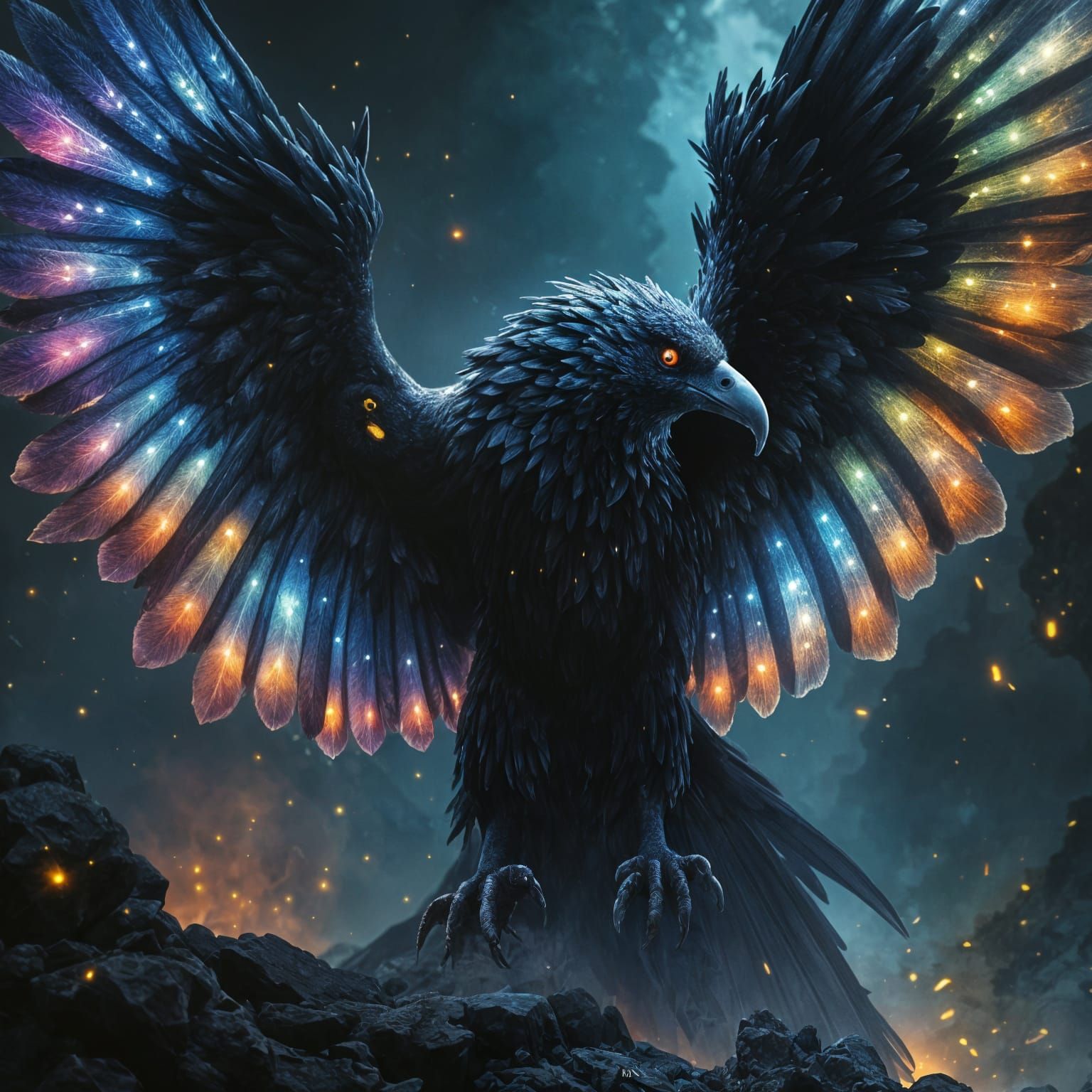 Giant Black Kea with Bioluminescent Wings